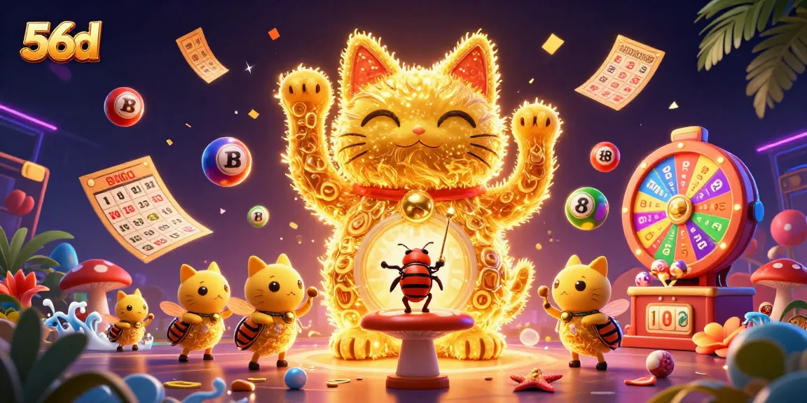 Bet on 56d with vibrant casino elements and a lucky cat illustration in this engaging digital art.