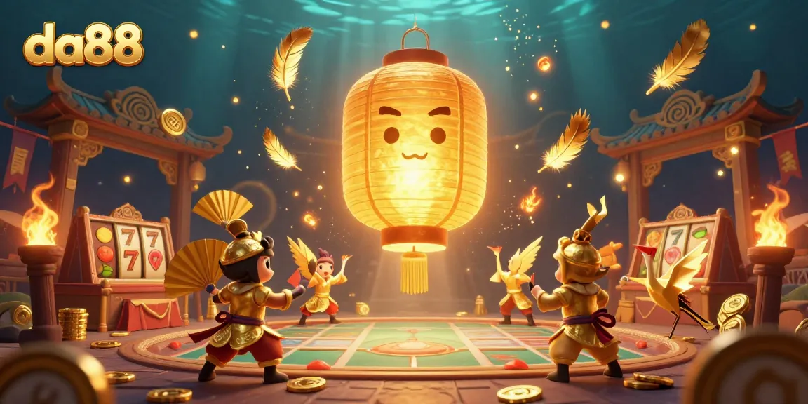 Spin at da88's vibrant casino, featuring a giant golden lantern spirit amidst slot reels and golden treasures.