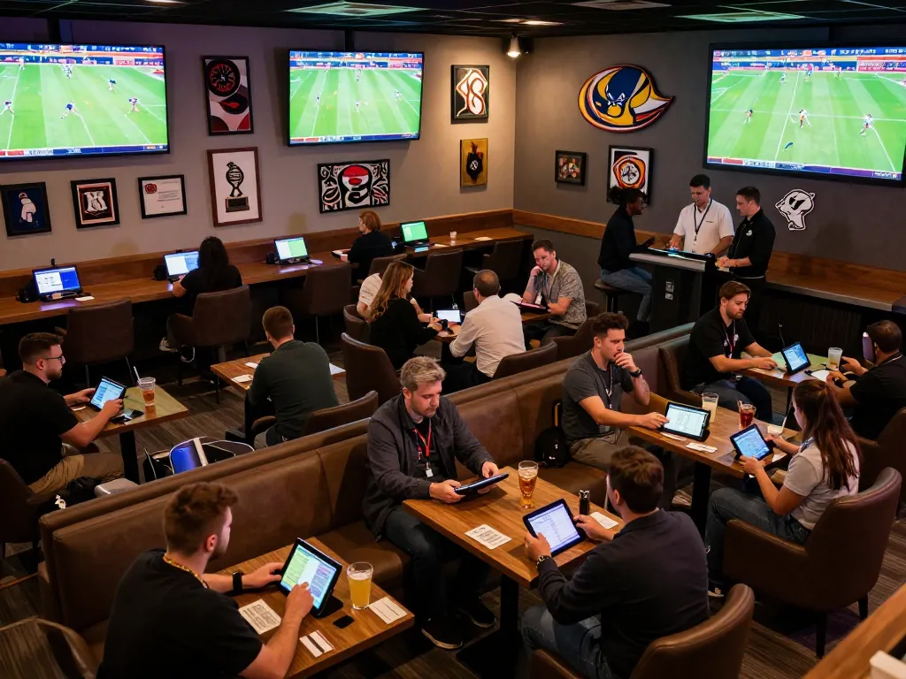 Engaged bettors utilizing the 7m platform for sports betting in a vibrant lounge.