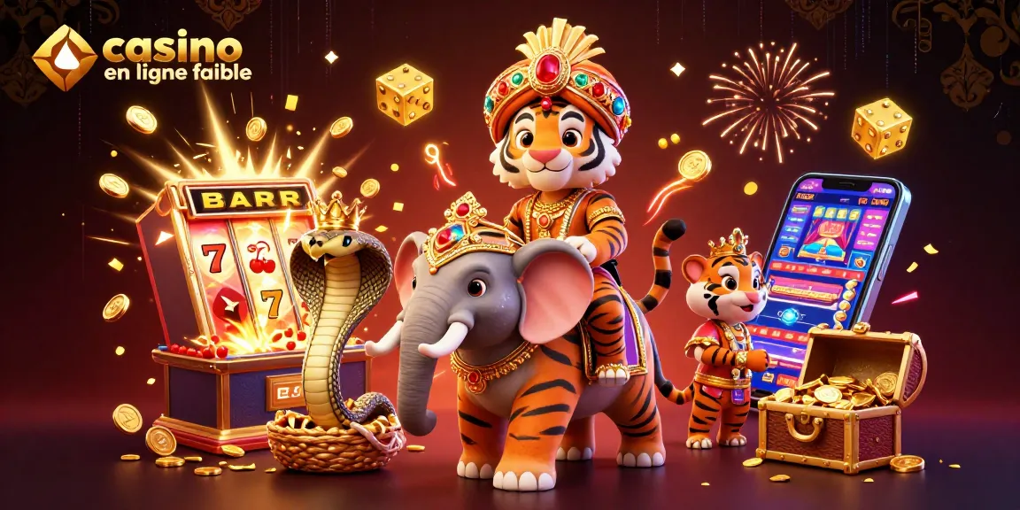 Casino en ligne fiable avec un tigre maharaja et des symboles de jackpot flottants dans une illustration colorée.
