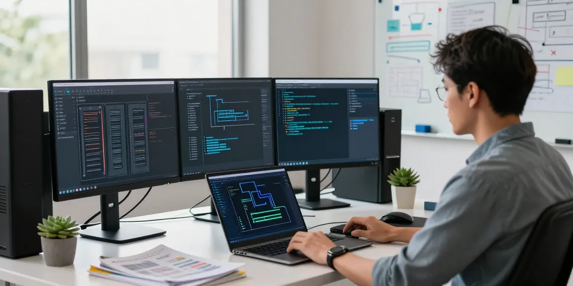 Linux server security audit being conducted by an IT professional in a modern workspace, showcasing tech tools and a secure environment.