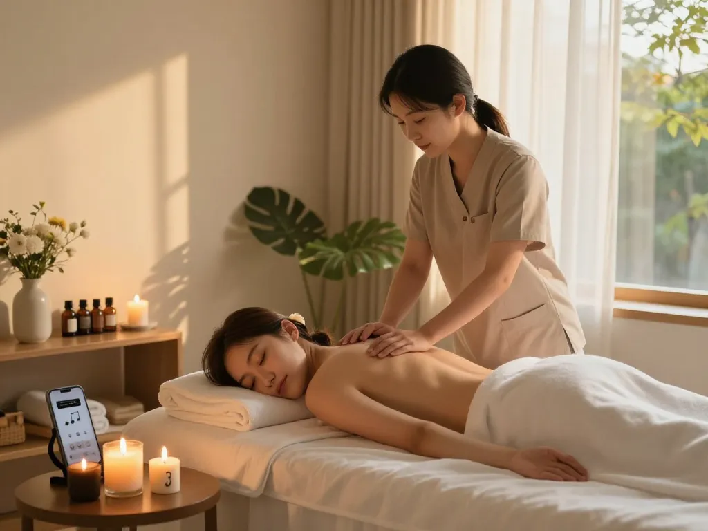 Relaxing 부천출장마사지 experience in a serene home spa setting with ambient lighting and essential oils.