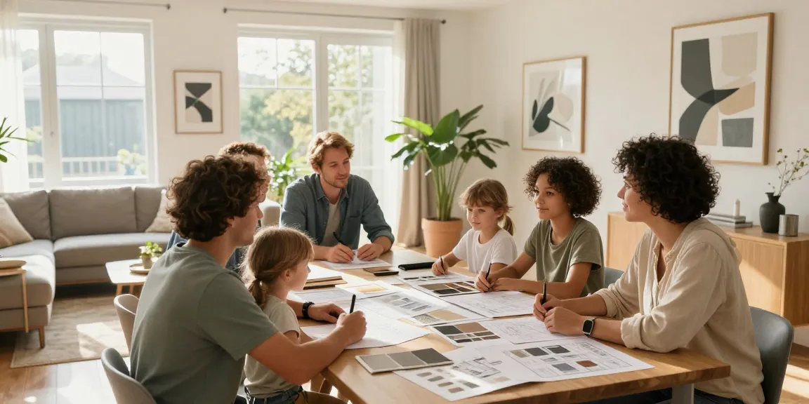 Woning Unie - Moderne Wohnzimmerszene mit Familie, die Renovierungspläne bespricht.