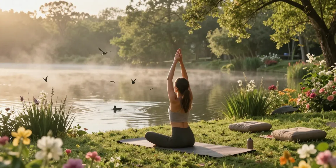 Graceful yoga practice at a wellness retreat by the lakeside, enhancing peaceful mindfulness.