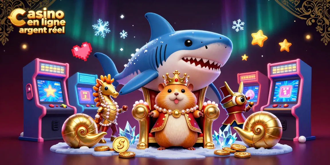 Plongez dans l'univers du casino en ligne argent réel avec un roi hamster entouré de gardes hippocampe et de machines à arcade colorées.