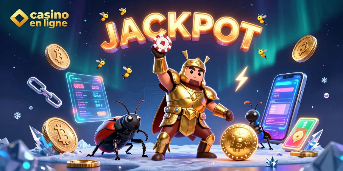 Vivez l'excitation du casino en ligne avec ce héros insecte portant une armure dorée, célébrant le jackpot!
