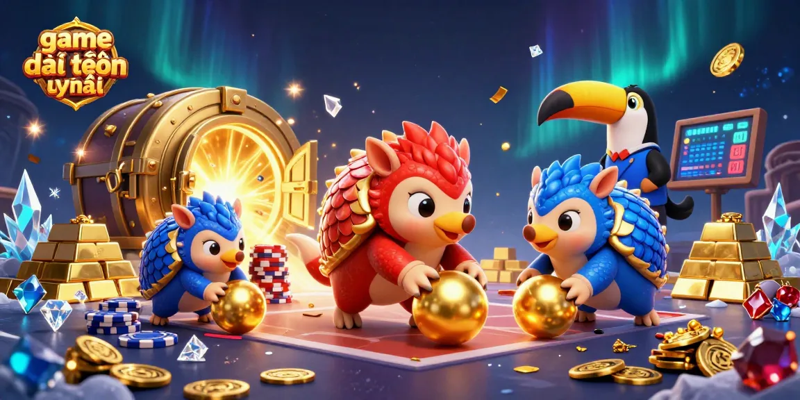 Engage with game bài đổi thưởng uy tín as pangolins roll golden balls through poker chips in a vibrant casino scene.