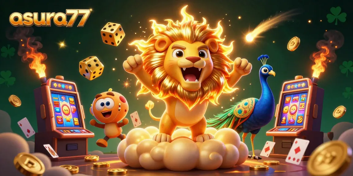 Engage in casino excitement with asura77's vibrant 3D illustration showcasing a triumphant lion, golden dice, and colorful slot machines.