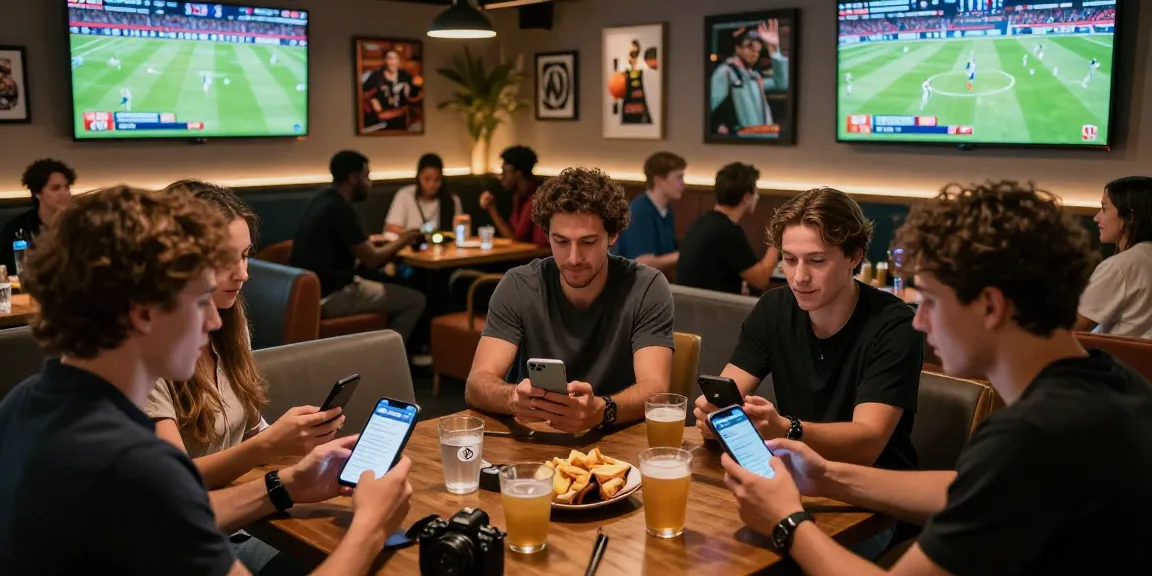 Ambiance énergique d'un bookmaker sans limite avec amis plaçant des paris sur des événements sportifs.