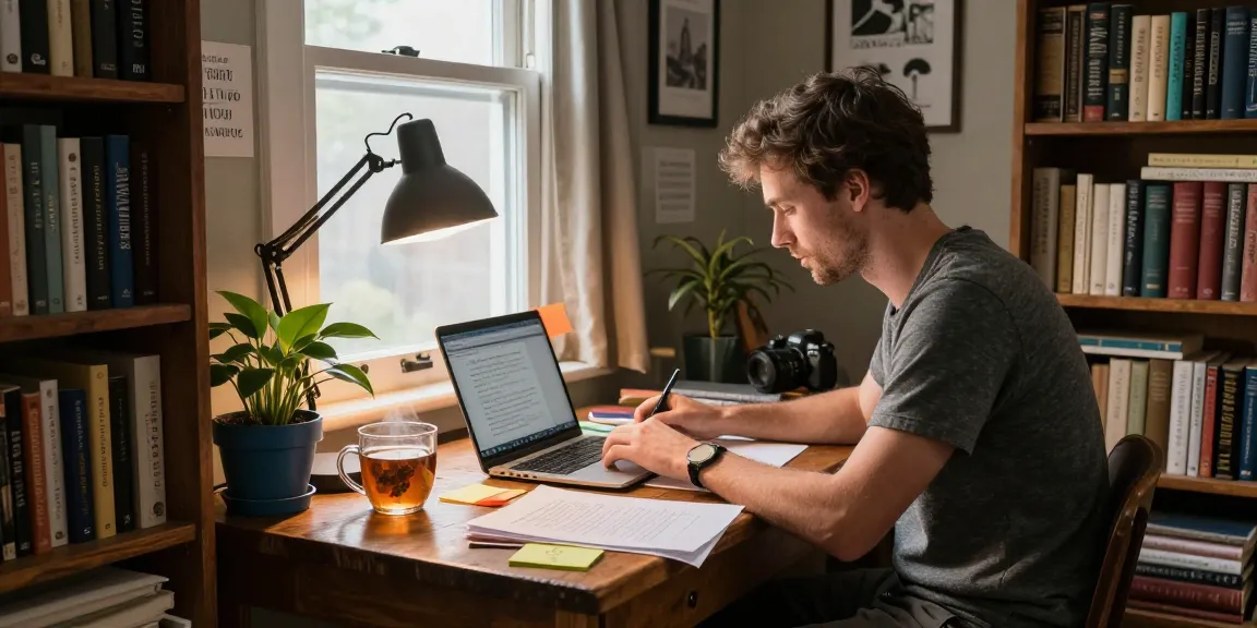 Nathan Garries writing in a cozy home office filled with books and warm light.