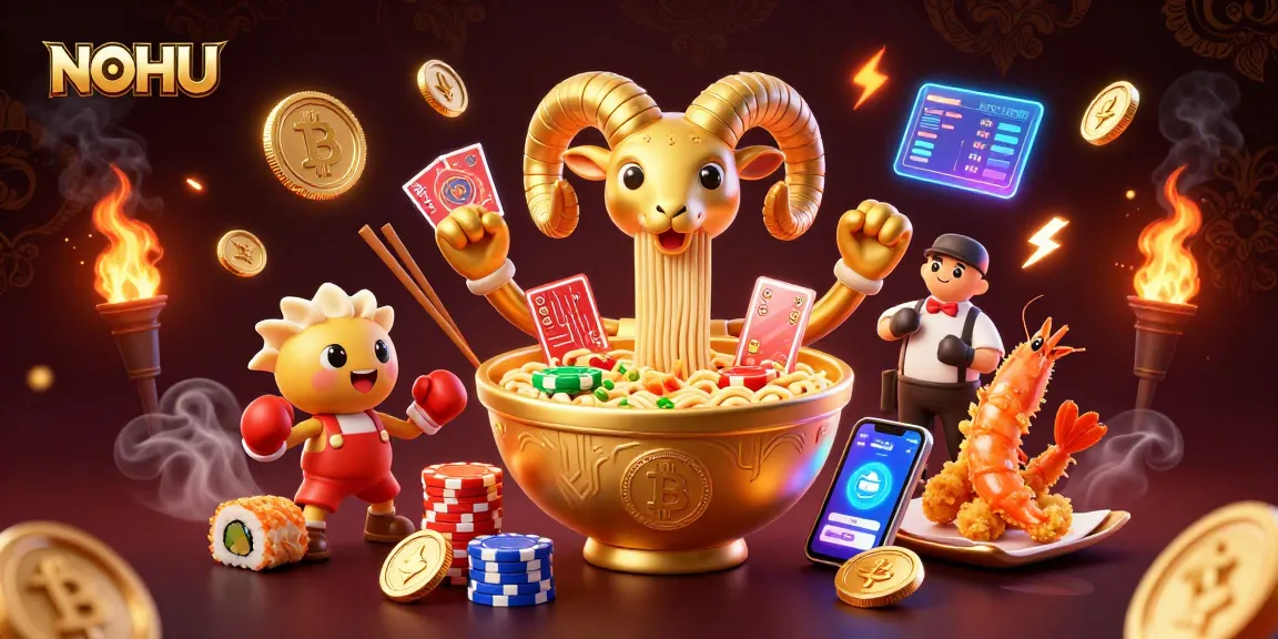 NOHU engages users with interactive cards and chips in a vibrant casino scene.