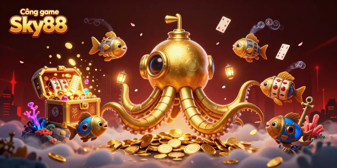 Engage with thrilling adventures at Cổng game Sky88 featuring a golden kraken submarine and slot reels.
