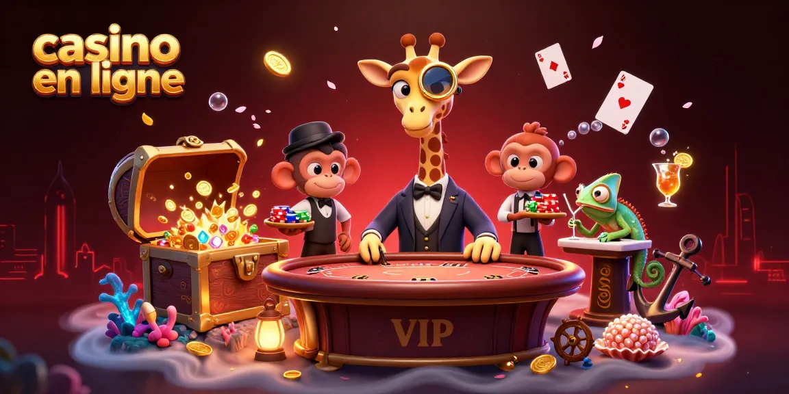 Jouez à des jeux de casino en ligne avec une girafe élégante, un valet singe et un barman caméléon.