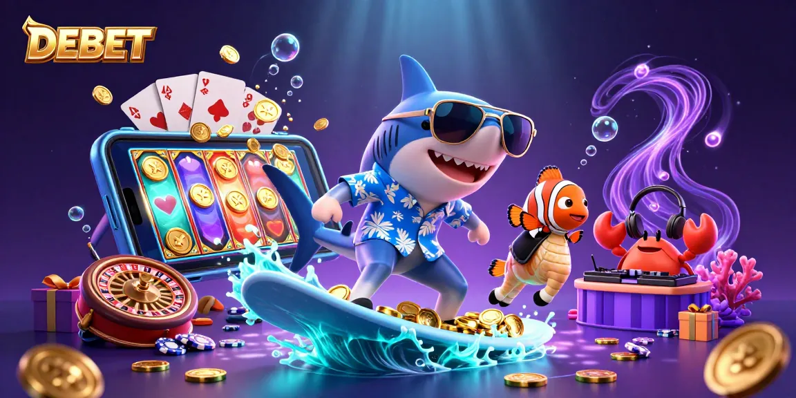 DEBET showcases fun with a shark surfing on gold coins amidst vibrant casino games.