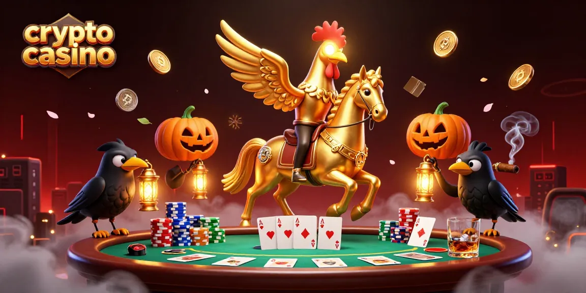 Coinvolgente scena di un crypto casino con un gallo d'oro mentre gioca a poker sotto la luce dei lanterni cappucci, attorniato da elementi di gioco e criptovalute.