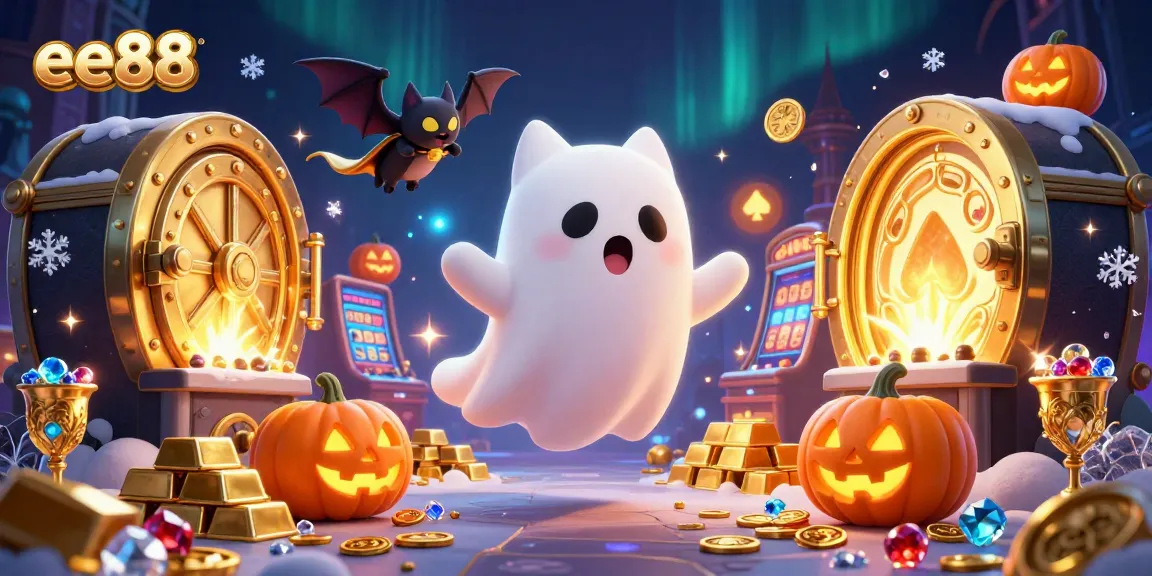 Play at ee88 with friendly ghost cat and vampire bat in a haunted casino scene with sparkling treasures.