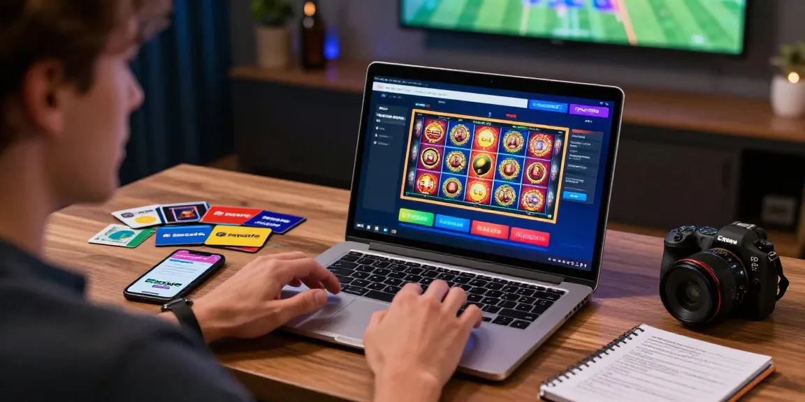 Erfahrung im Paysafe Card Casino mit einem Spieler, der einen lebhaften Gaming-Laptop in einer lebhaften Online-Glücksspielumgebung nutzt.