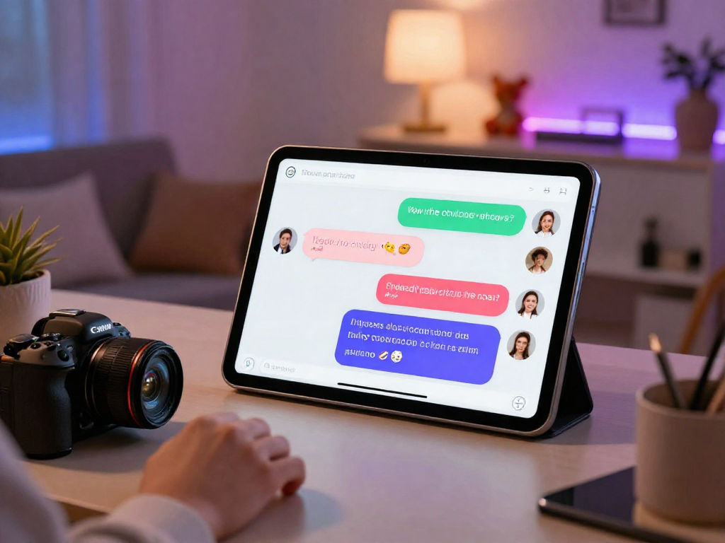 Engaging nsfw chat bot interaction in a cozy digital workspace with colorful chat bubbles.