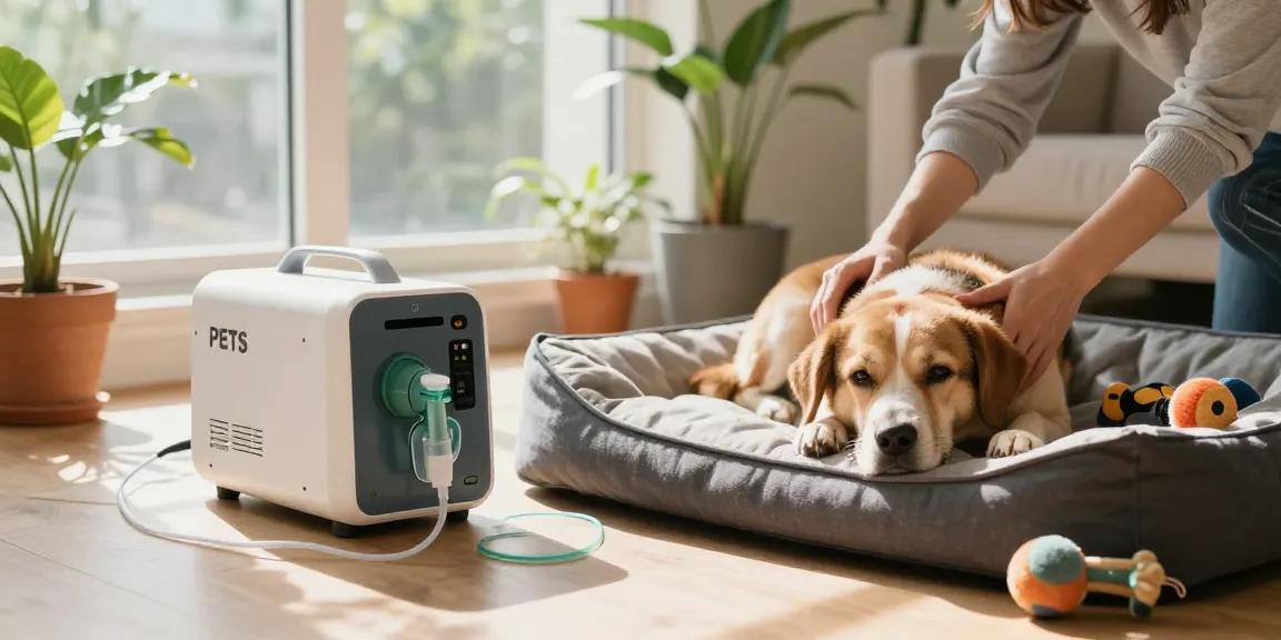Pet oxygen machine set up for a dog, showcasing care and comfort in a home environment.
