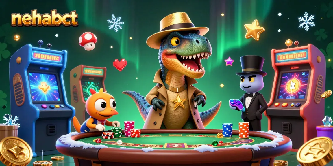 Seorang velociraptor nehabct mencoba menyamarkan diri di meja blackjack sambil dikelilingi elemen game kasino lainnya.