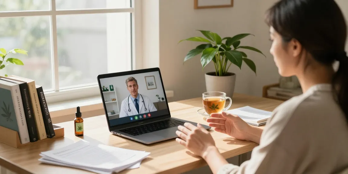 Ohio MMJ Card online consultation scene in cozy home office with doctor.