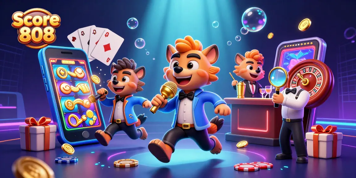 Experience Score 808 as hyenas evoke excitement in a cartoon casino club, showcasing lively gaming elements.