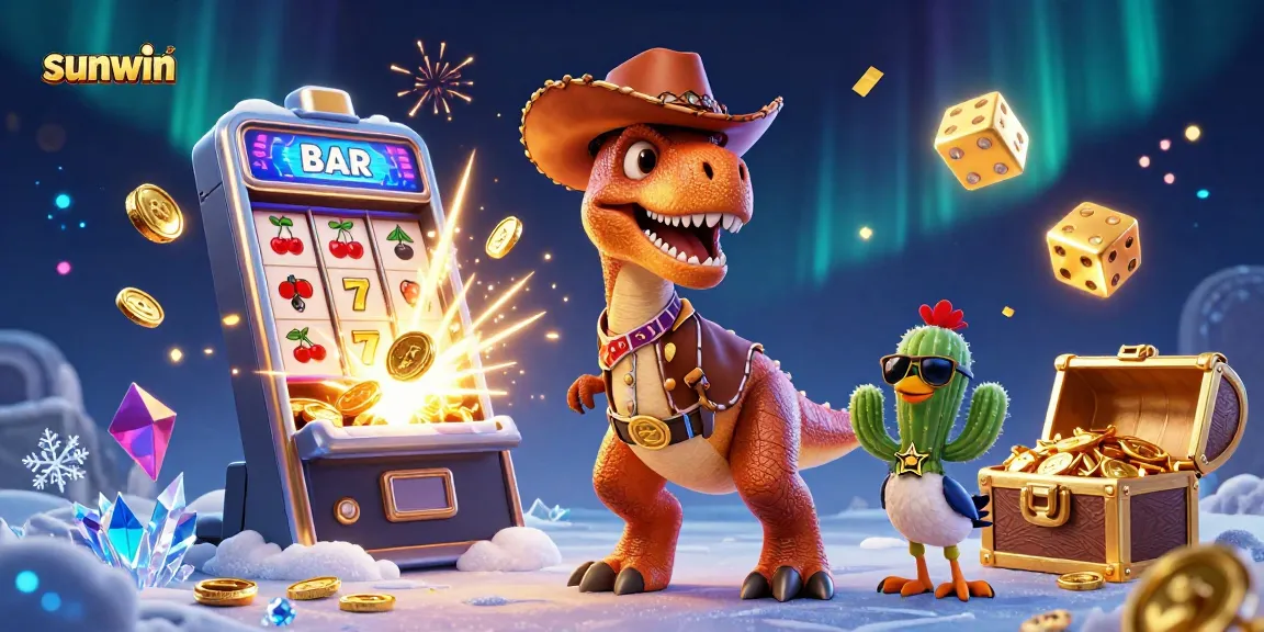 Experience winning moments at Sunwin with a lively 3D scene showcasing fun characters and vibrant casino elements.