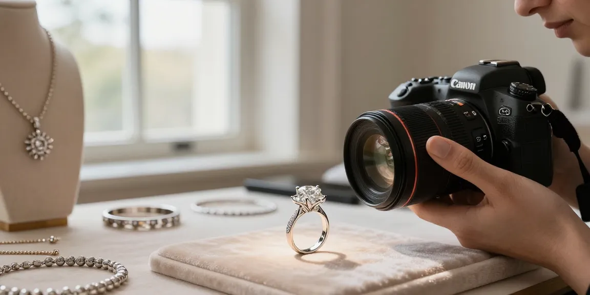 Photographie de bijoux en studio, mettant en valeur un photographe de bijoux professionnel capturant un bijou sur fond velouté.