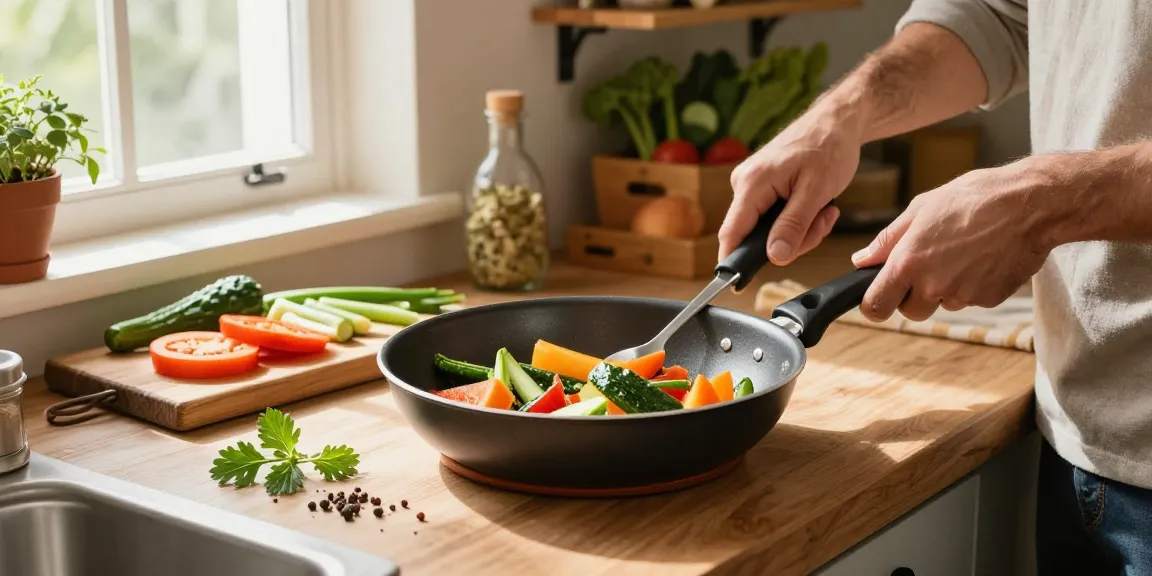 Ein gesundes Gericht wird in einer PTFE-freien Pfanne von GreenKitchen zubereitet, umweltfreundliche Küche mit frischen Zutaten.
