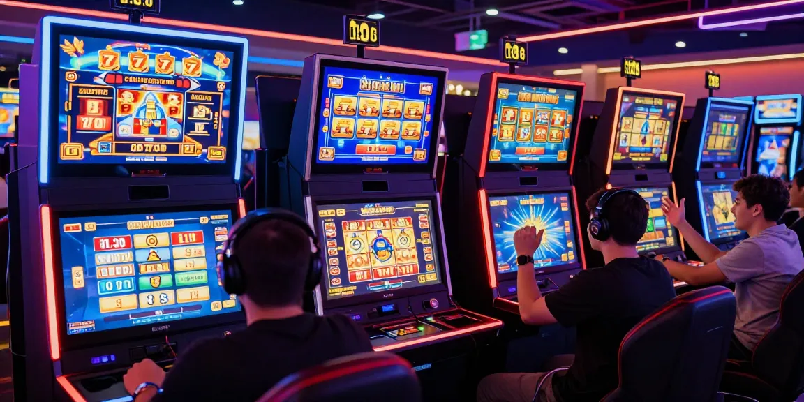Players enjoying slot777 games in a vibrant online casino environment, celebrating wins amidst colorful graphics.
