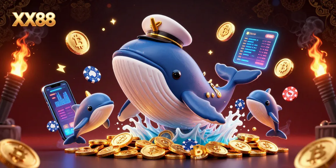Experience exciting gameplay with XX88, featuring a 3D whale, narwhal, and dolphins amidst coins and crypto elements.