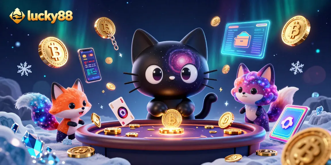 Engage in thrilling gaming with lucky88, featuring a cosmic cat and vibrant crypto elements.