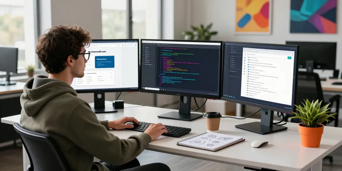 Engaged developer in a tech workspace showcasing hostneverdie.com on multiple screens, vibrant coding environment.