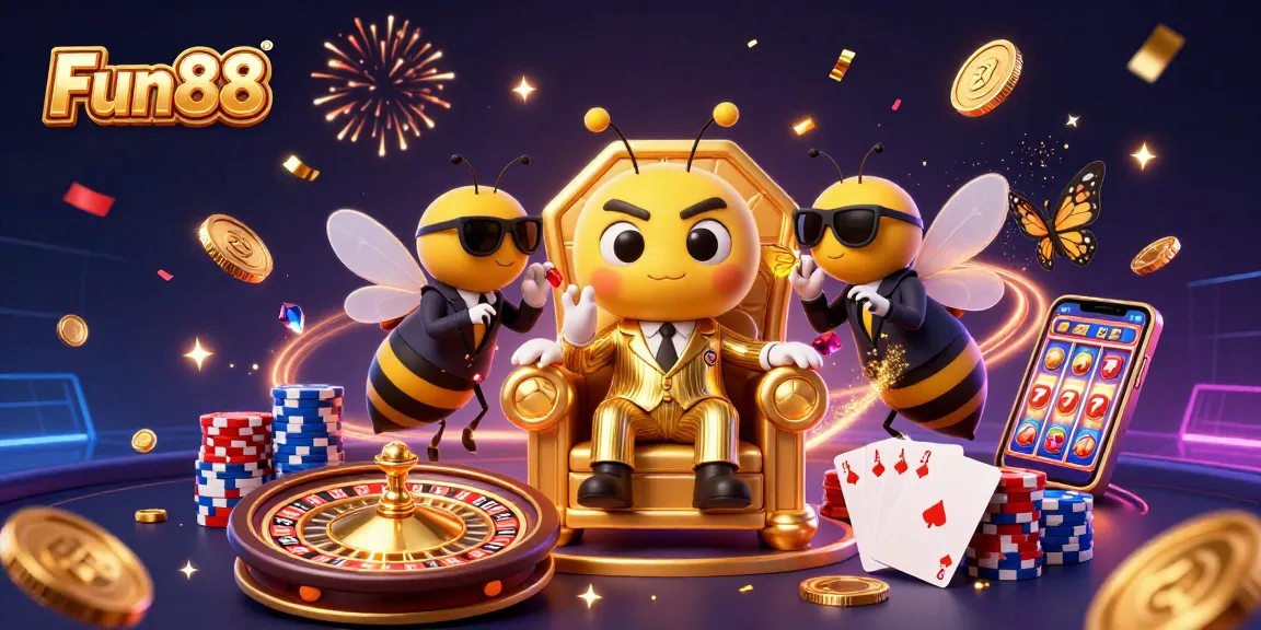 Fun88 casino illustration featuring a bumblebee mob boss with poker elements.