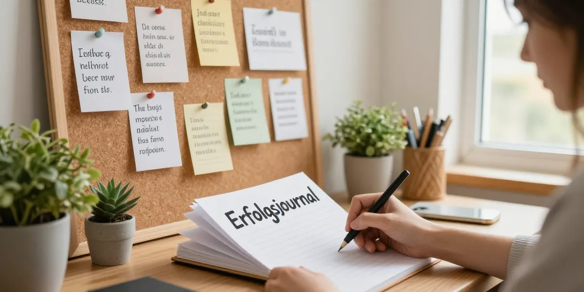 Person schreibt in ein Erfolgsjournal, umgeben von Pflanzen und Inspiration.