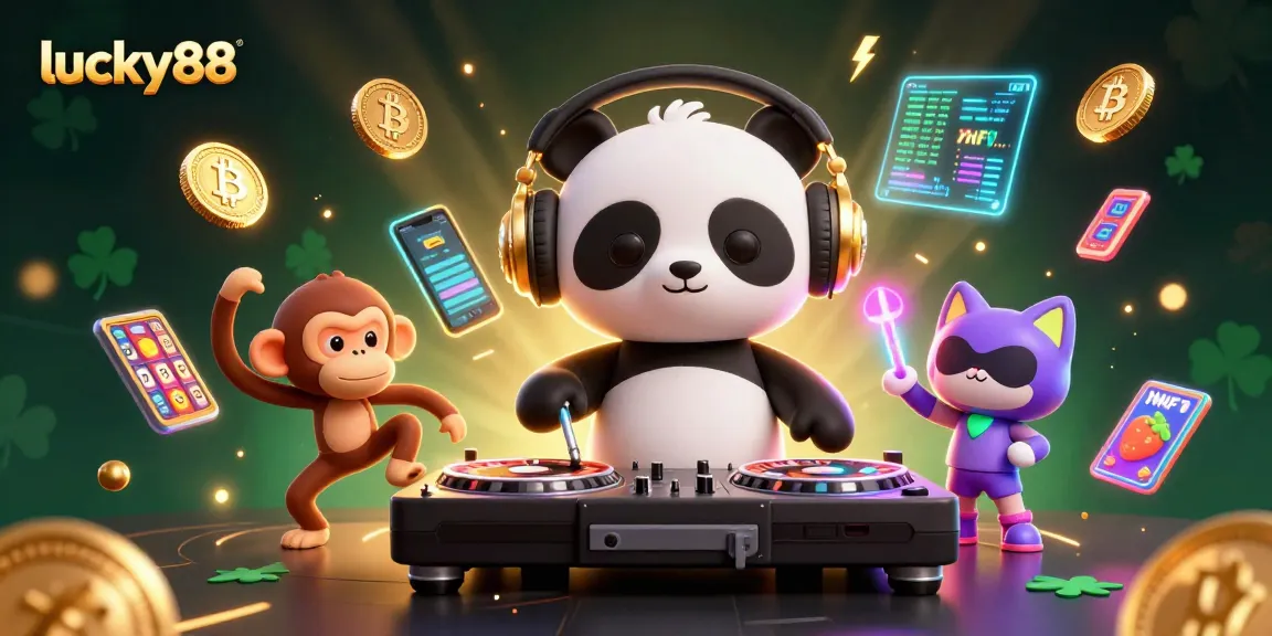 Experience lucky88's vibrant atmosphere with a DJ panda and exciting slot elements in a lively casino scene.