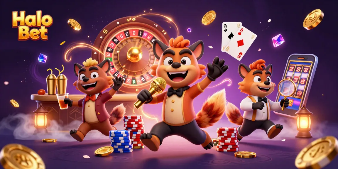 Melihat Halo Bet di kasino kartun 3D dengan hyena menghibur dan koin emas bertebaran.
