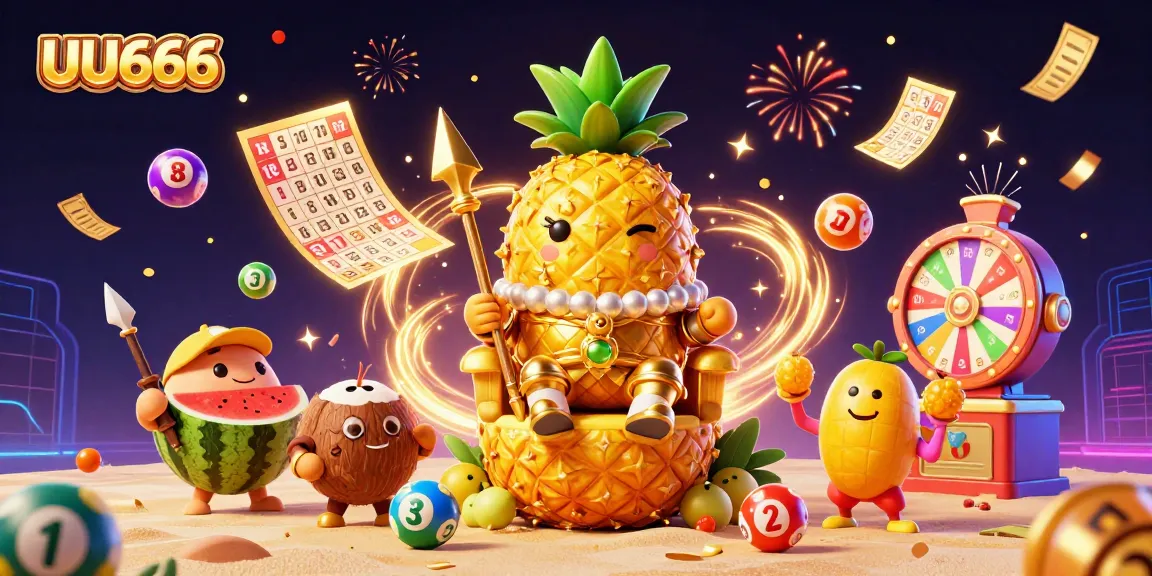 UU666 delivers a vibrant 3D casino scene with a golden pineapple king, dynamic elements, and festive atmosphere.
