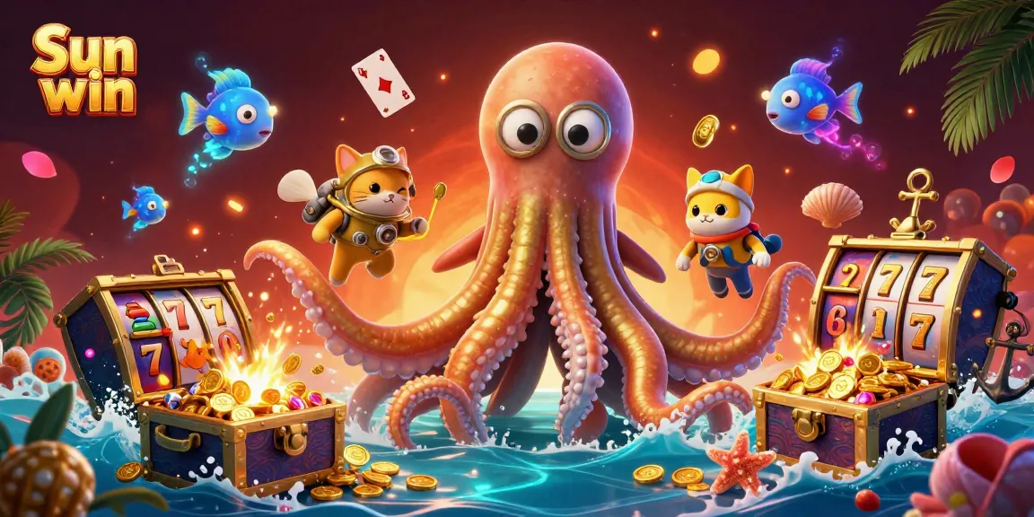Experience thrilling gameplay with Sun win as vibrant characters celebrate in a casino-themed illustration filled with energy.