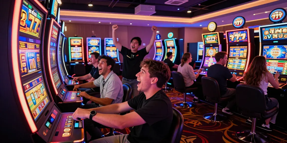 Players enjoying a thrilling moment at the slot 777 machines in a lively casino atmosphere.