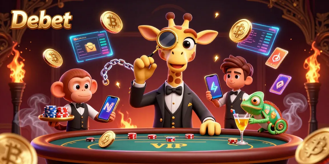 Debet enhances thrilling casino experiences with dynamic characters and vibrant gold elements.
