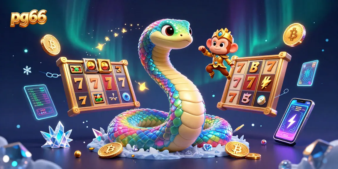 Engage with pg66's vibrant casino world featuring 3D rainbow serpent and slot symbols.