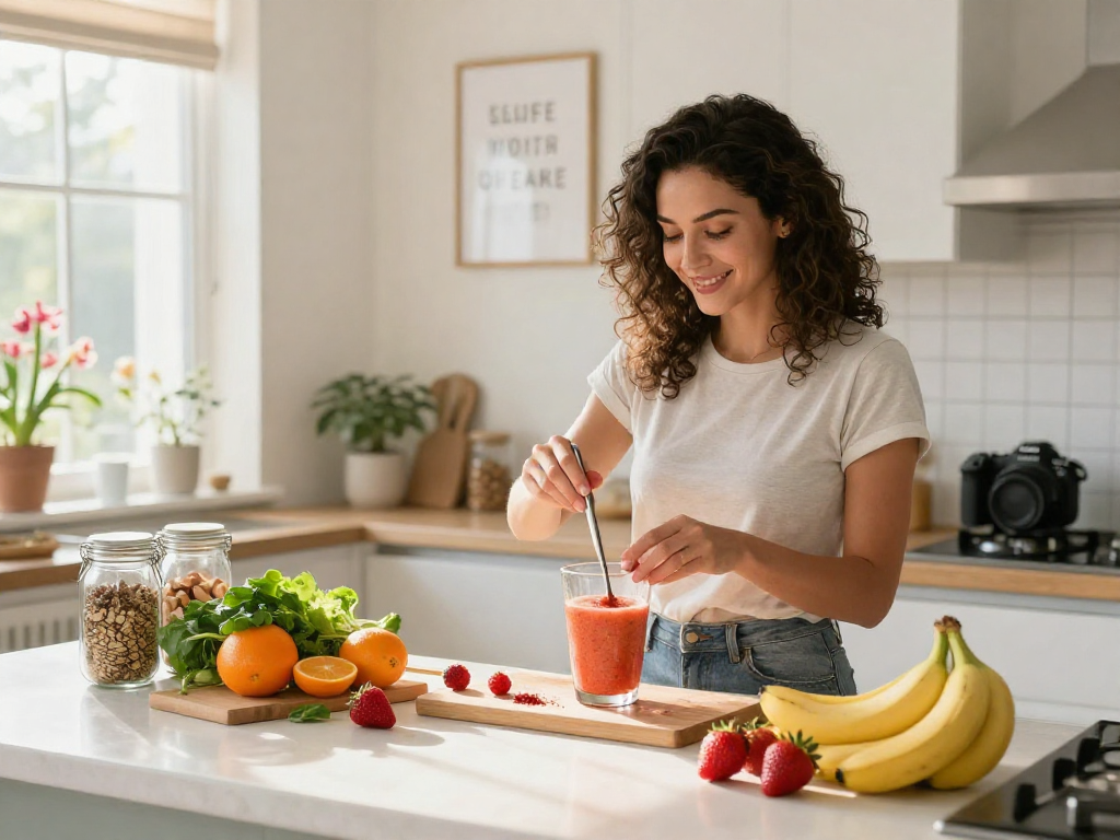 Health-conscious woman preparing a smoothie with premium astaxanthin and fresh fruits in a bright kitchen.