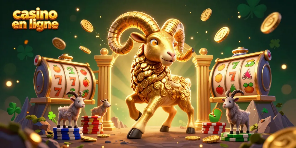 Illustration dynamique pour le casino en ligne avec un bélier doré et des éléments de machine à sous.