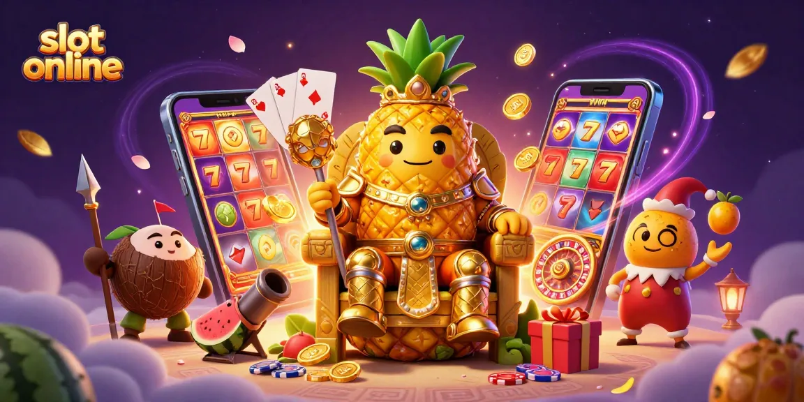 Mainkan slot online dengan slot berwarna dan raja nanas emas di kasino pantai.