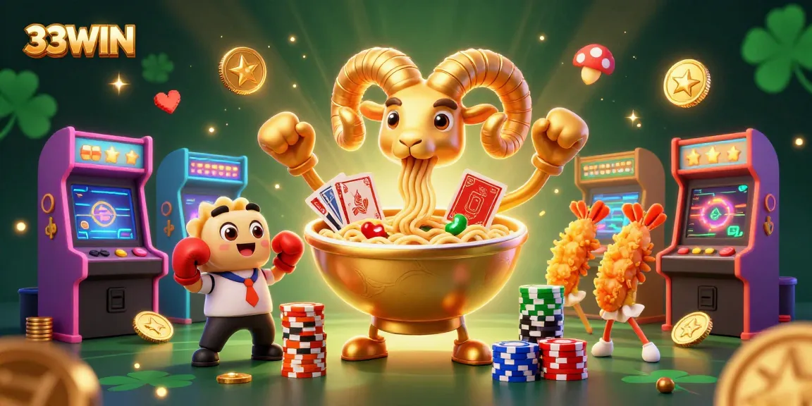 Engage with the vibrant 33WIN casino scene featuring an animated ramen bowl dealer and colorful casino elements.