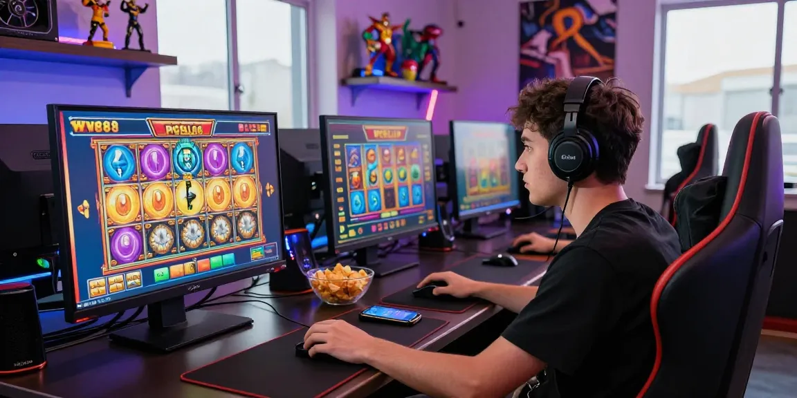 Engaged player enjoying we88 PGSLOT games in a vibrant gaming setup.