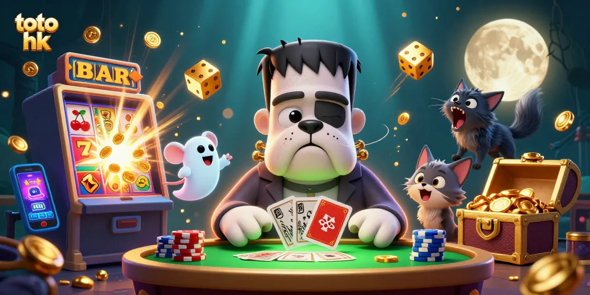 Permainan toto hk dengan bulldog Frankenstein dan kucing werewolf di meja kasino.