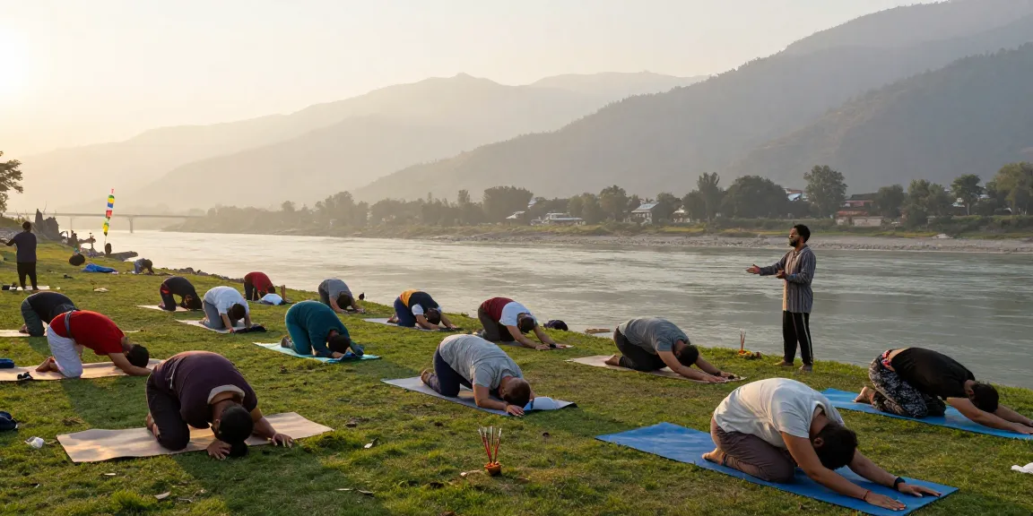 Yoga teacher training in Rishikesh with students practicing poses by the Ganges River at sunrise, embodying serenity and wellness.