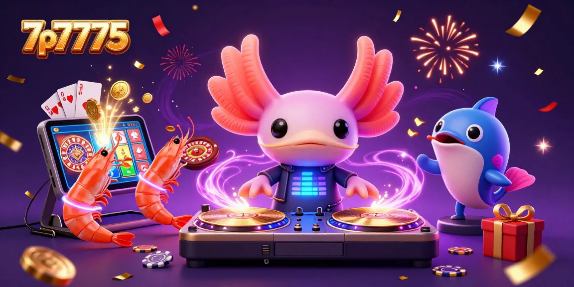 Experience excitement at 7p7775 with a vibrant casino scene featuring a neon DJ and glowing game elements.